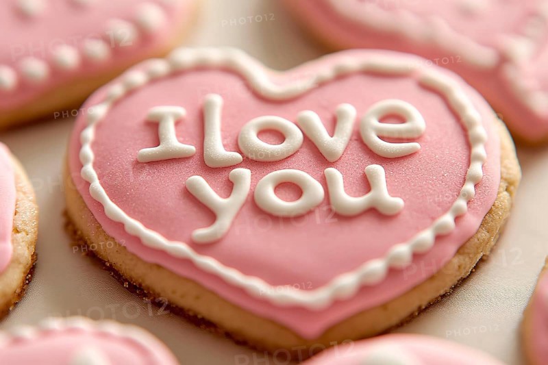 Close up of pink heart shaped Valentine's day cookie with white sugar icing text 'I love you'. Generative AI, AI generated