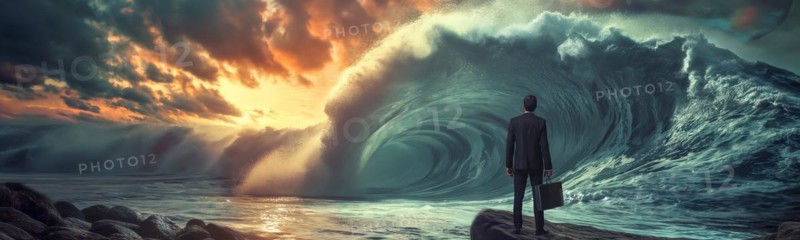 Banner of disheartened businessman standing on the shore in the midst of approaching turbulent crashing waves. feeling of overwhelming demands and impending doom, generative AI, AI generated