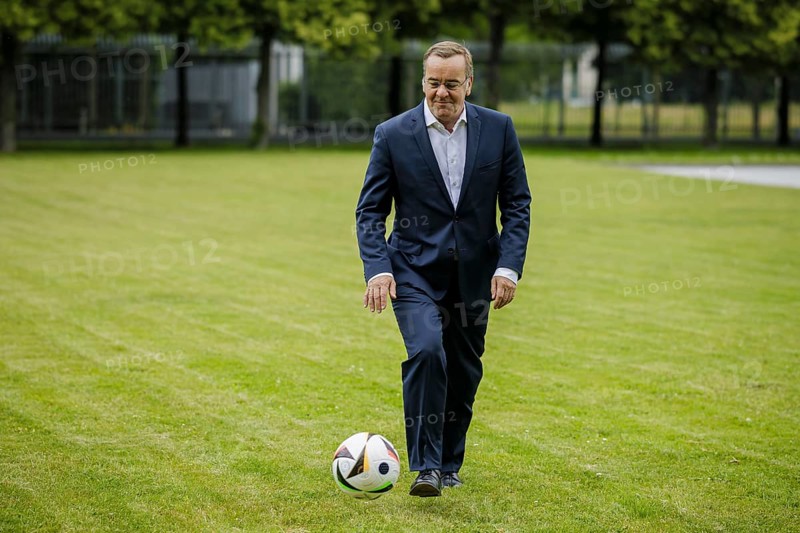 Boris Pistorius (SPD), Federal Minister of Defence, with a football. Taken during an interview. Berlin, 04.06.2024