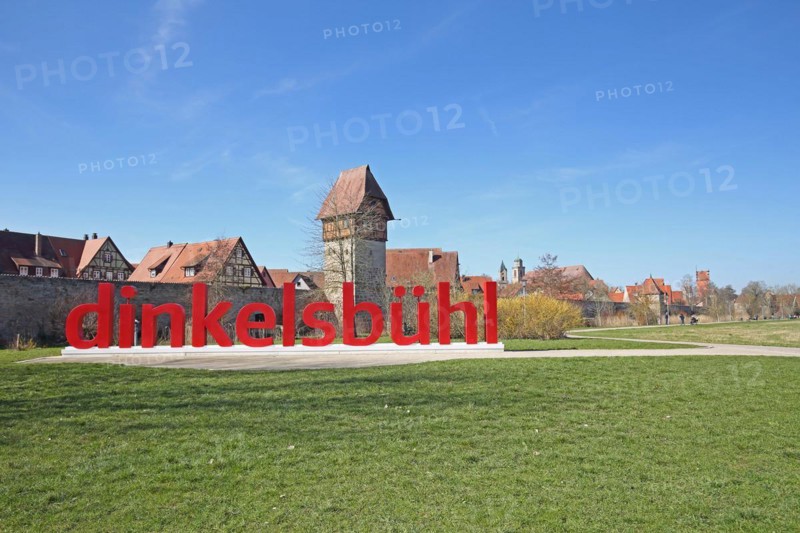 View of historic town wall with town fortifications and Bäuerlinsturm and inscription Dinkelsbühl, Middle Franconia, Franconia, Bavaria, Germany, Europe