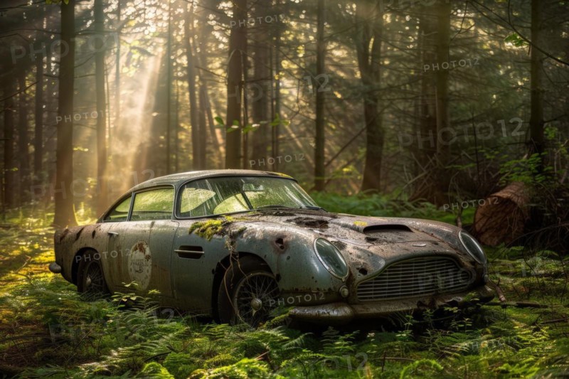 An old, weathered and dusty British vintage car, wreck, of the type Aston Martin DB5 from the 60s stands in a forest, car graveyard, between trees, symbolic image for restoration, repair, restoration of historical cultural assets, AI generated, AI generated, AI generated