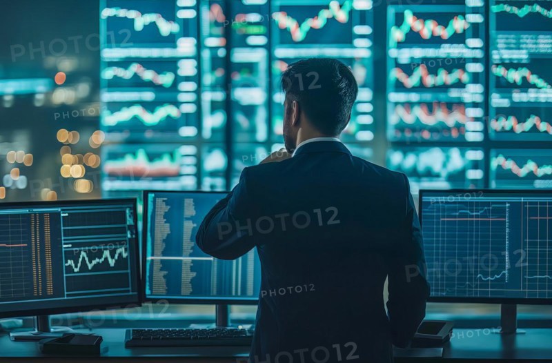 Stock broker following trends about investments, mortgages, financial markets and market data, AI generated