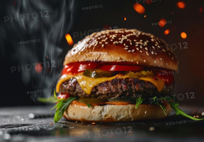 Fresh tasty beef burger with onion, cheese and vegetables. Junk food and fast food concept, AI generated