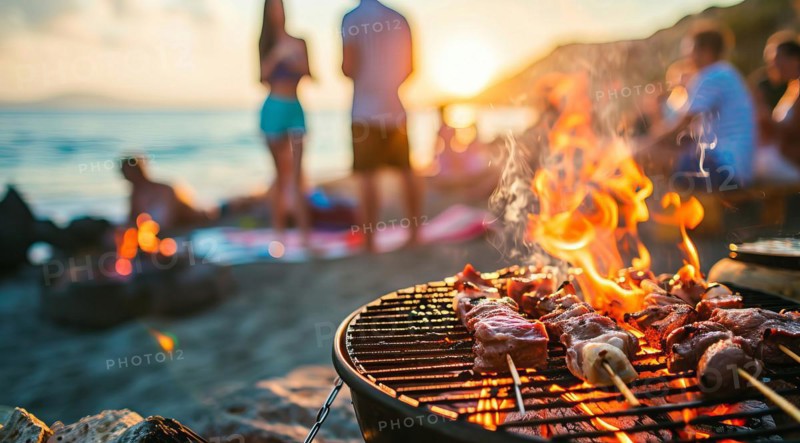 Barbecue BBQ family picnic party on the beach with skewers of meat and meat steaks over charcoal, AI generated