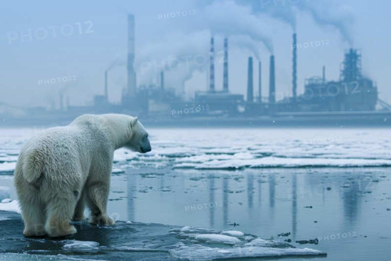 Climate change, global warming and environmental pollution. Polar bear animal extinction, AI generated