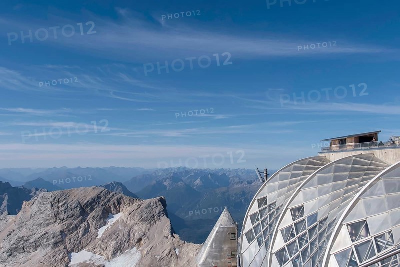 View of the Alps from the Zugspitze, on the right the radio transmission station, on the left the former high-altitude radiation measuring station, Zugspitze, Garmisch-Partenkirchen, Werdenfelser Land, Upper Bavaria, Bavaria, Germany, Europe