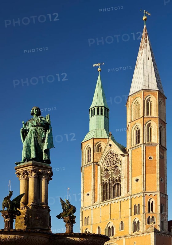 Henry's Fountain in honour of Henry the Lion in front of St. Catherine's Church, St. Catherine's, Brunswick, Lower Saxony, Germany, Europe