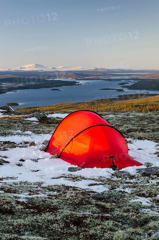 Tent in mountain landscape, Sarek National Park, World Heritage Laponia, Norrbotten, Lapland, Sweden, Sweden, Scandinavia, Europe