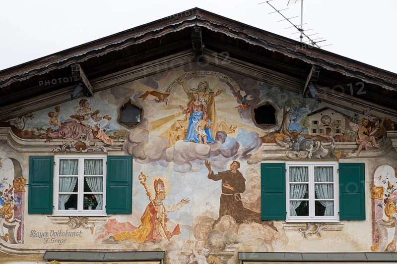 House gable with Lüftlmalerei, Garmisch, Garmisch-Partenkirchen, Upper Bavaria, Bavaria, Germany, Europe