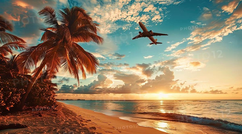 Concept of readiness for travel. Plane flying over sunset beach ocean shore., AI generated