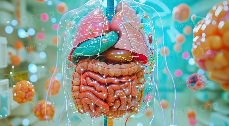 Person internal organs, stomach and intestines anatomy. Gastroenterology concept close up, AI generated