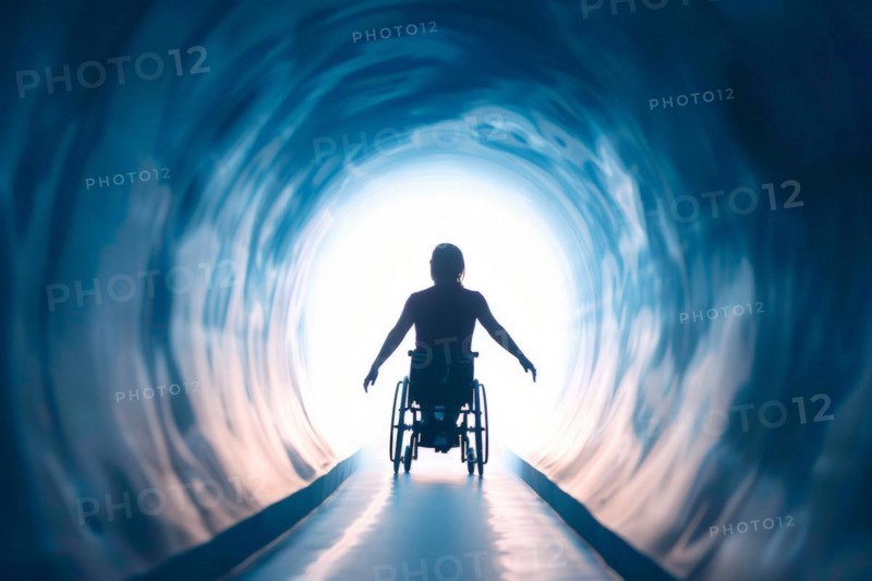 A person in a wheelchair on the way through a tunnel into the light, symbolic image for near-death experience, death, grief, separation, psychology, parapsychology, idea of the afterlife, AI generated, AI generated, AI generated