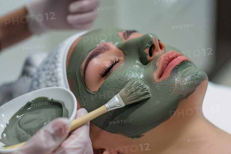 Cosmetician applying green matcha beauty skin care face mask on woman's face. KI generiert, generiert, AI generated