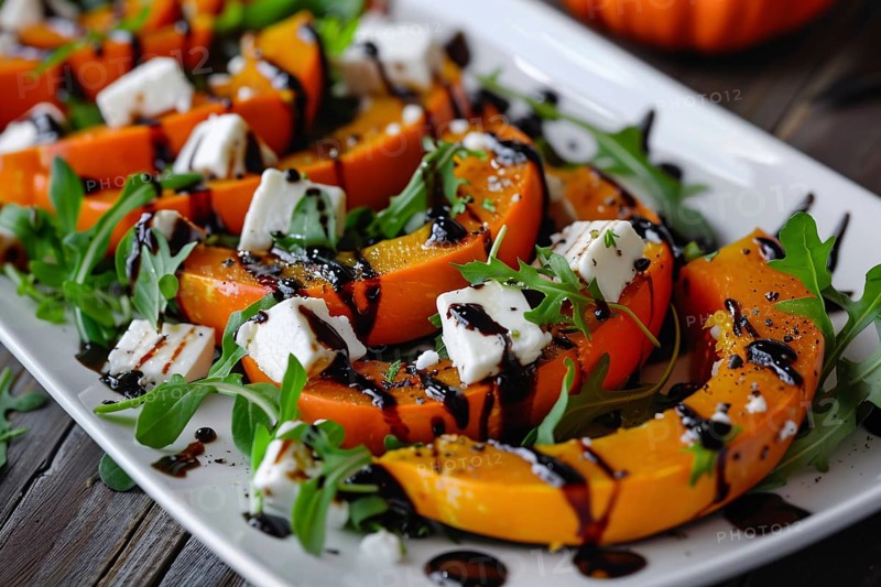 Baked pumpkin slices with rucola lettuce and feta cheese. Generative ai, AI generated