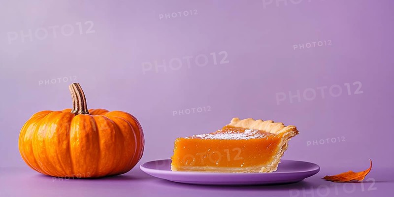Banner with slice of pumpkin pie with orange pumpkin on purple violet background with copy space. Generative Ai, AI generated
