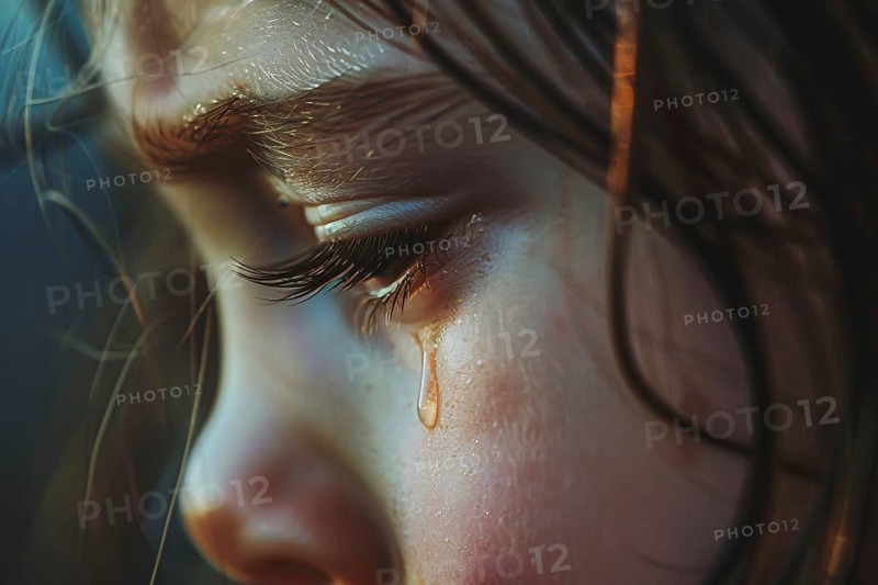Close up of young gilf child crying tears. Generative Ai, AI generated