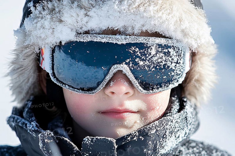 Boy child's face with large skiing sunglasses and hat cobered in snow in winter. Generative Ai, AI generated