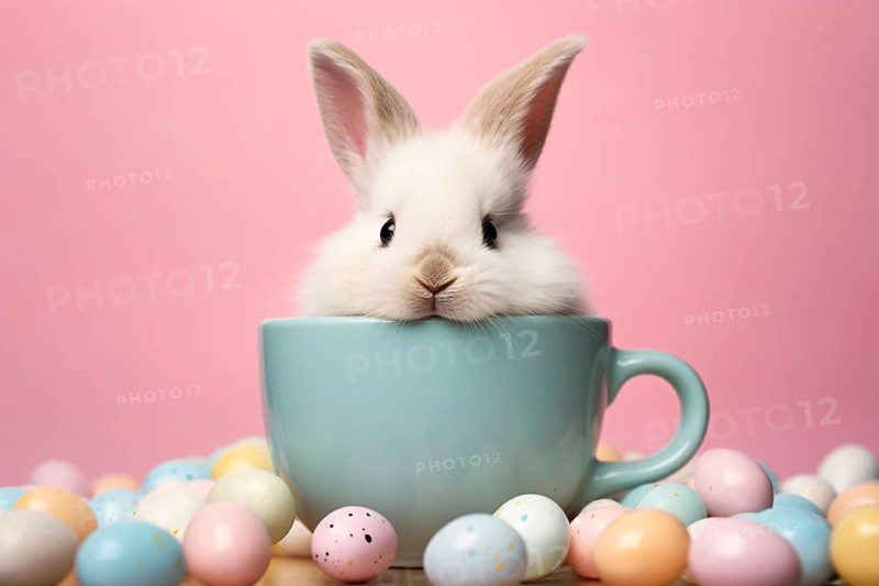 Cute small bunny in blue tea cup with Easter eggs on pink background. KI generiert, generiert AI generated