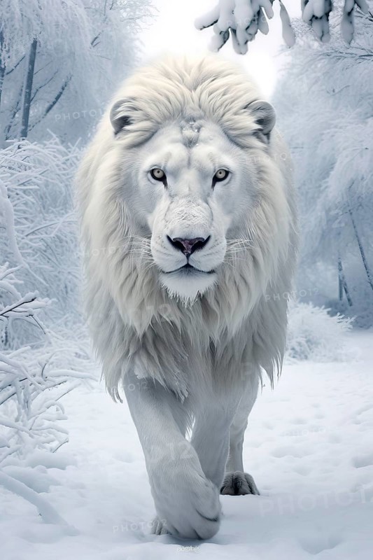 Portrait of a White Male lion in a snowy environment, AI generated
