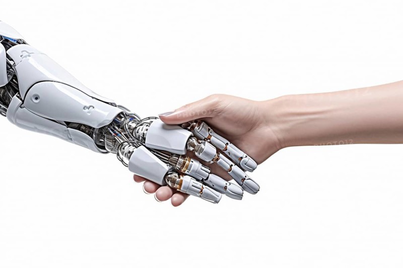 Artificial intelligence android hand and human hand shaking hands. KI generiert, generiert AI generated