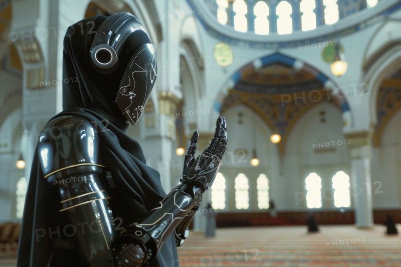 A humanoid in a mosque, vision of the future, science fiction, AI generated, AI generated, AI generated