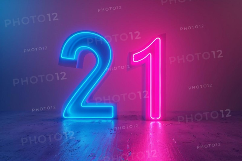 Neon pink and blue glowing number 21. Generative AI, AI generated