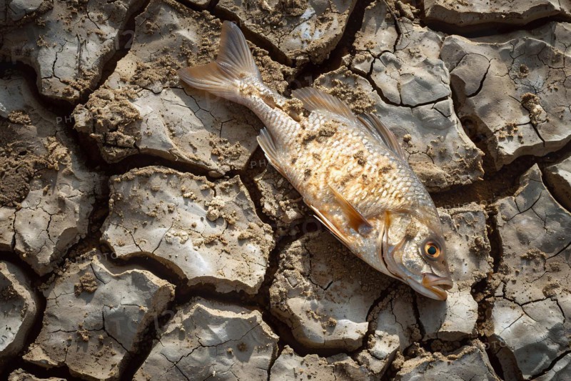 Dead fish on cacked dried up earth. Global warming and water scarcity concept. KI generiert, generiert, AI generated