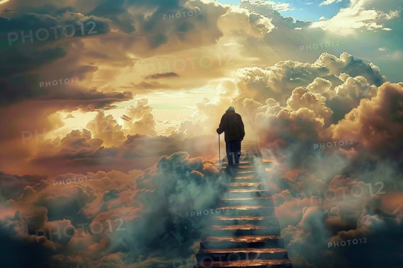 An old man ascends to heaven on a staircase, symbolising death, mourning, the afterlife, psychology, parapsychology, AI generated, AI generated, AI generated
