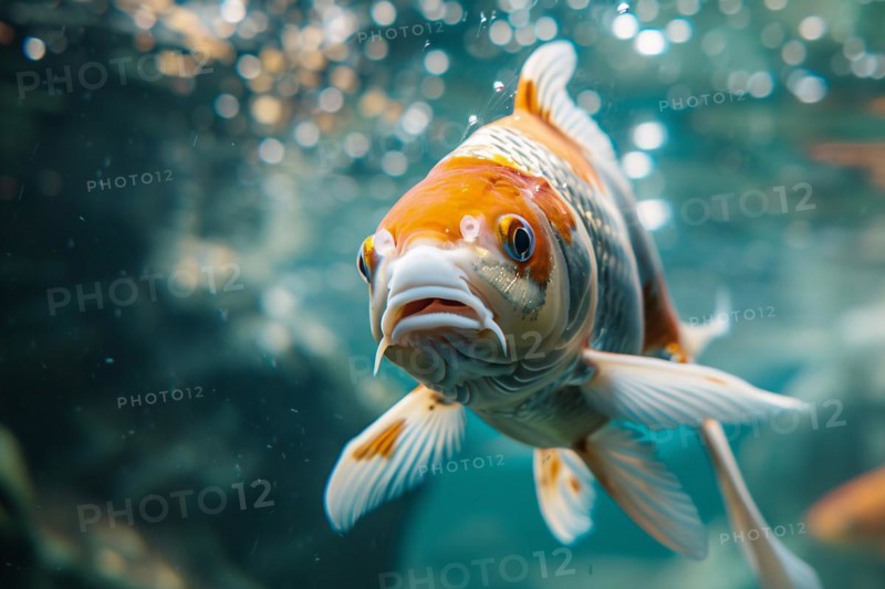 Close up of orange and white Koi carp swimming in water. KI generiert, generiert, AI generated