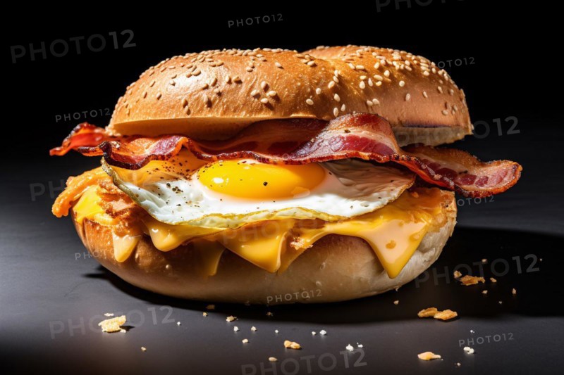 Bagel with bacon and fried egg on dark background. KI generiert, generiert, AI generated