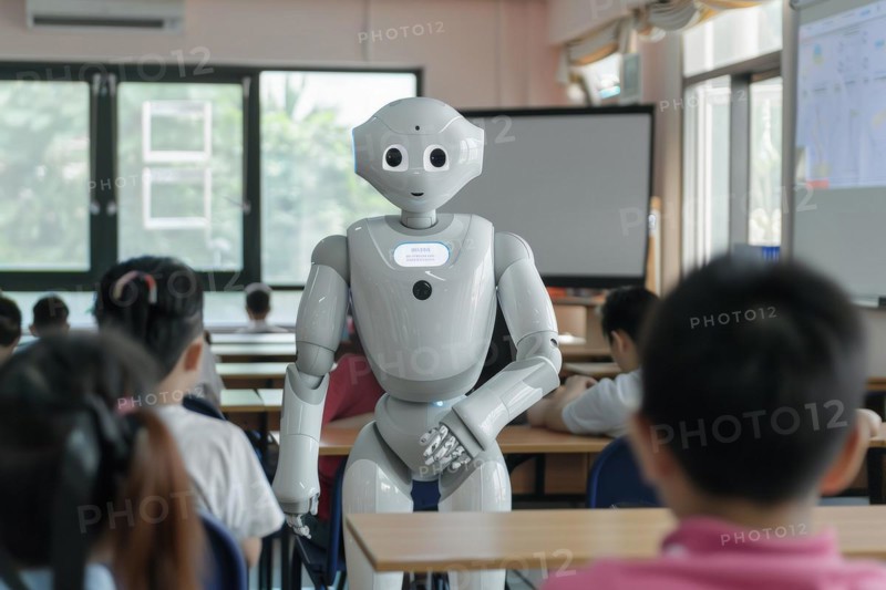 A robot teaches in a classroom, symbolising highly developed communication technology, AI generated, AI generated, AI generated