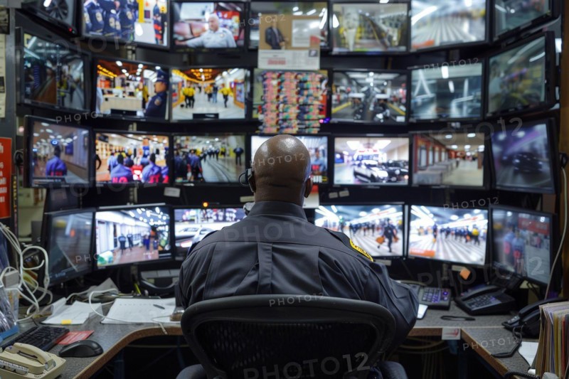 A man sits in a control room with many monitors and monitors various areas in a shopping centre, AI generated, AI generated, AI generated