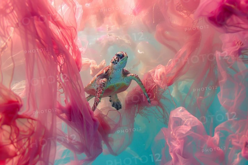 A sea turtle, hawksbill turtle dives among plastic waste, symbolic image for endangered species, marine animals pollution, marine pollution, pollution of the oceans, AI generated, AI generated, AI generated
