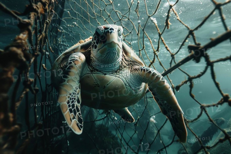 A sea turtle, hawksbill turtle caught in a fishing net, symbolic image for endangered species, marine animals pollution, marine pollution, pollution of the oceans, AI generated, AI generated, AI generated