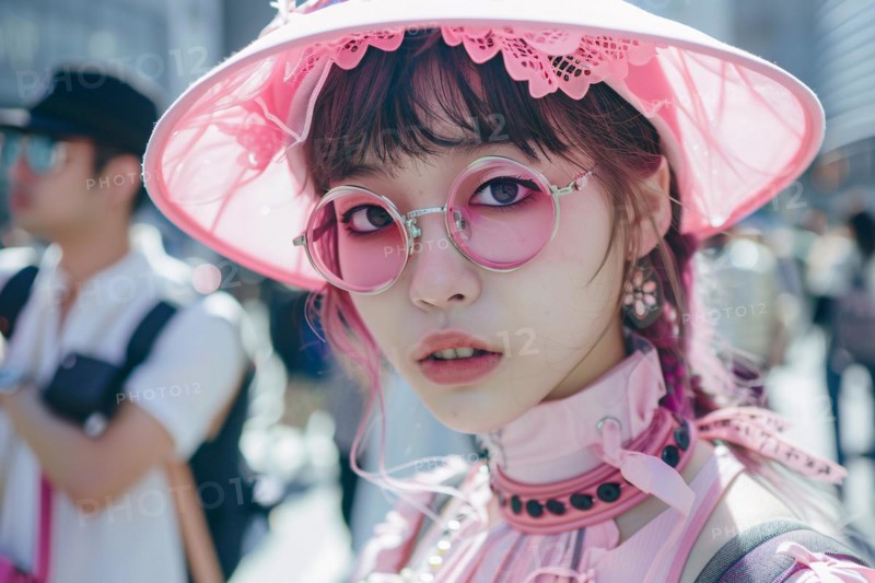Young Asian woman pink street fashion clothing in city street. KI generiert, generiert, AI generated