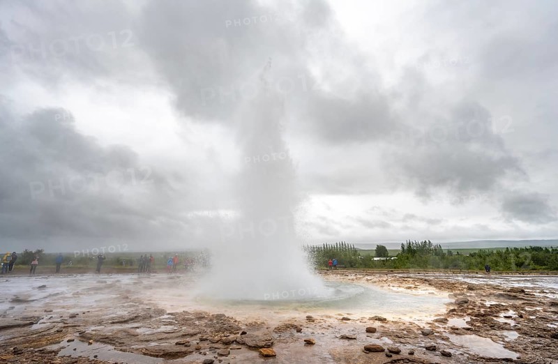 Eruption of the Strokkur geyser, Haukadalur geothermal field, Golden Circle, South Iceland, Iceland, Europe