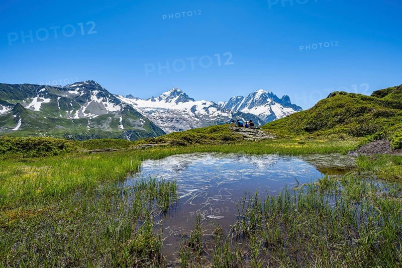 Small mountain lake, mountain panorama with glaciated peaks, Aiguille Verte and Glacier du Tour, hike to Aiguillette des Posettes, Chamonix, Haute-Savoie, France, Europe
