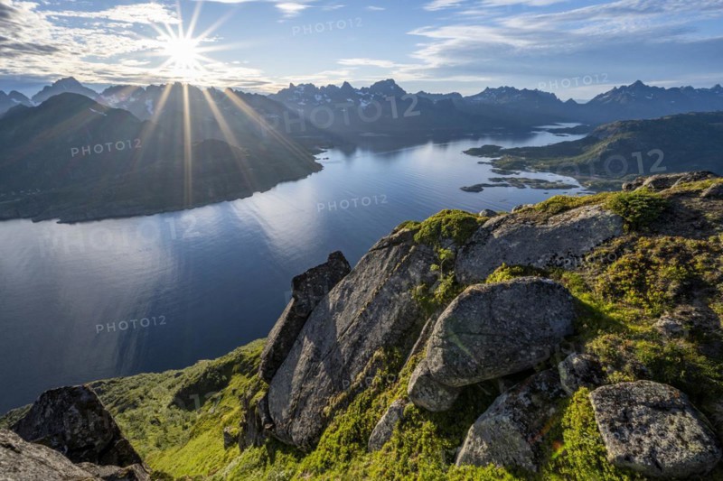 Fjord Raftsund and mountains, view from the top of Dronningsvarden or Stortinden, Vesterålen, Norway, Europe