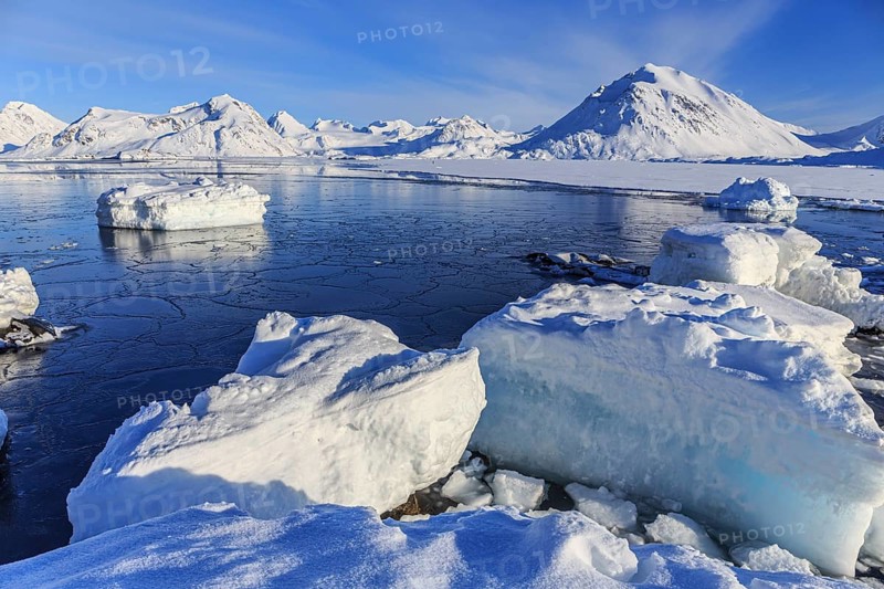 Icebergs in icy fjord off Bergen, winter, snow, sunny, Kulusuk, East Greenland, Greenland, North America