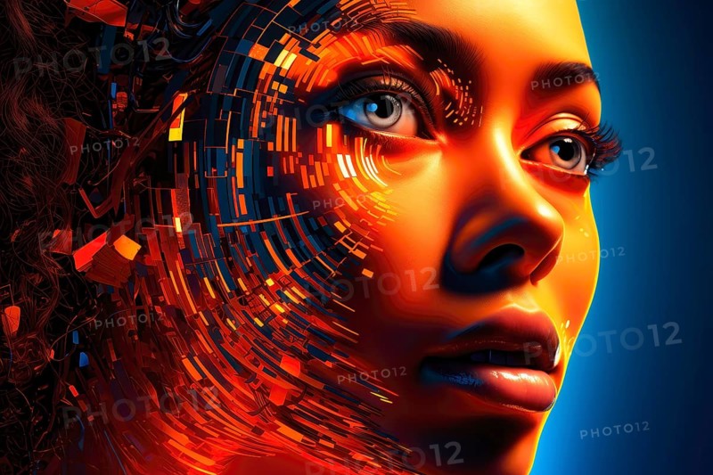 Conceptual symbolism of artificial Intelligence represented by a humanoid woman face with neuronal circuitry, AI generated
