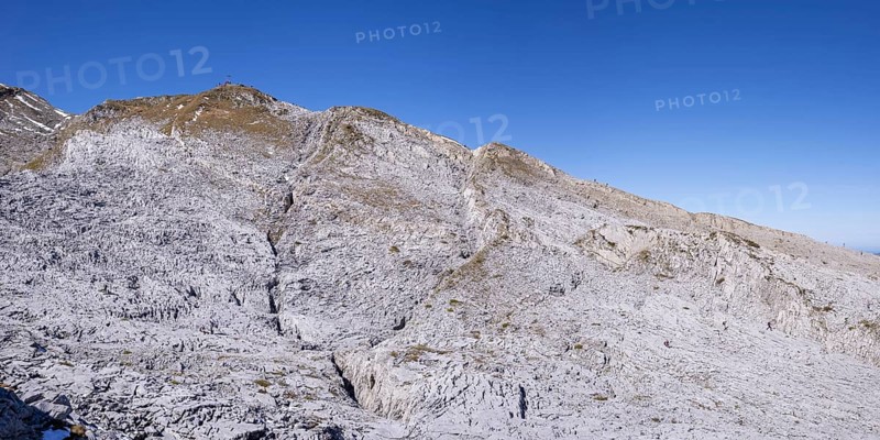 Mountain panorama of the Gottesacker plateau, a karst landscape and Hahnenköpfle, 2077m, Kleinwalsertal, Vorarlberg, Allgäu Alps, Austria, Europe