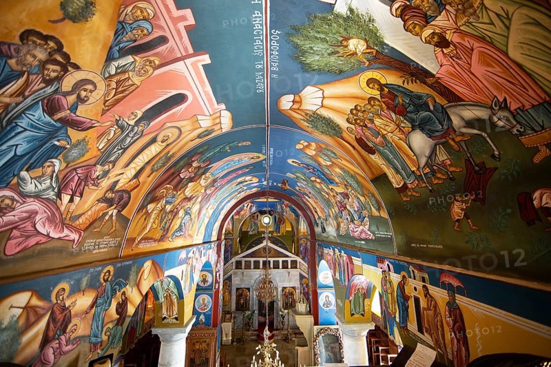 Colourful frescoes of Christ on the ceiling of a 200-year-old church in Lagia, Mani, Laconia, Peloponnese, Greece, Europe