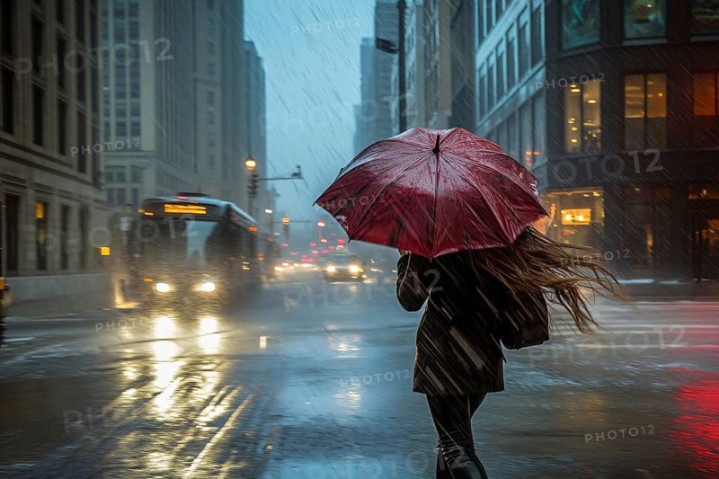 Back view of woman with umbrella during storm in city street. Generative Ai, AI generated