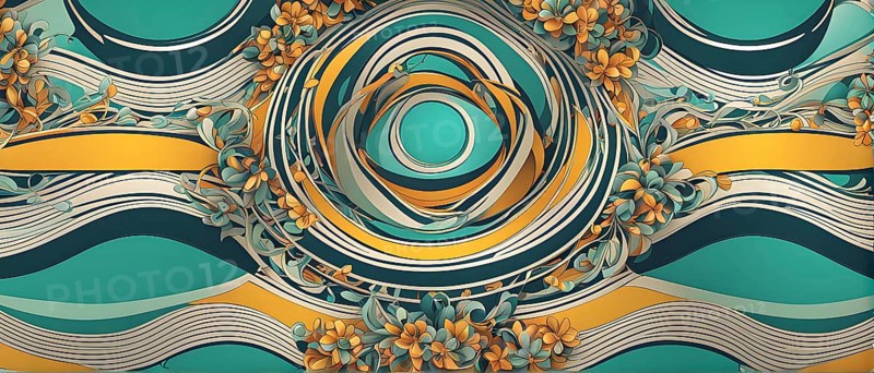 A whimsical abstract pattern with intertwined ribbons, eggs, and floral motifs, with a mix of sharp and soft lines creating depth, AI generated