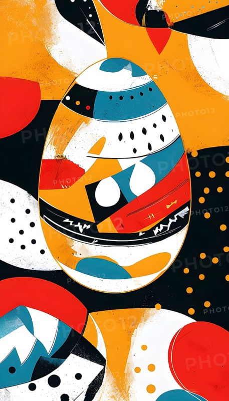 Illustration of an abstract Easter egg design with geometric patterns, bold colors, and a mix of textures, creating a modern and dynamic look, AI generated