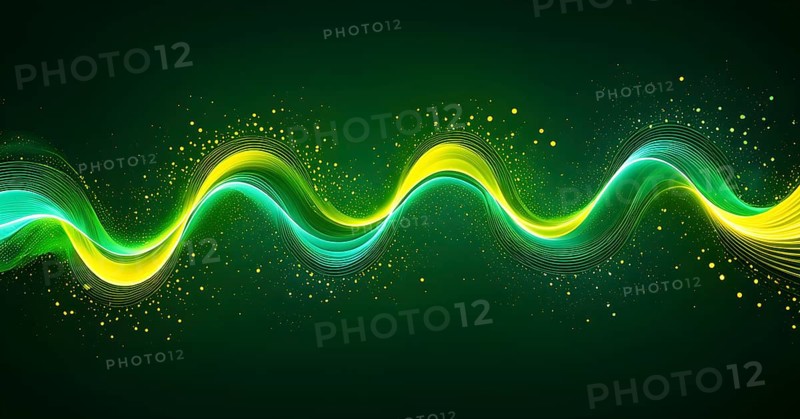 Abstract illustration of digital wave forms and circuits converging to form abstract symbols of various sports, then dispersing into flowing particles, AI generated