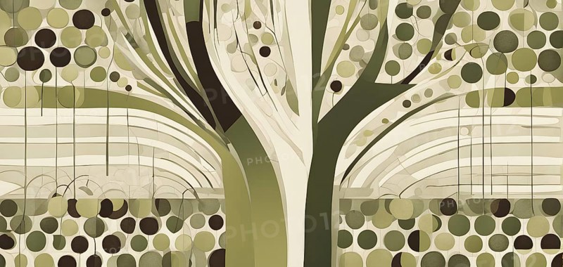 Abstract geometric tree with a circular canopy and a rectangular trunk, arranged in a clean, balanced design with a limited color palette of olive green, deep brown, and ivory, AI generated