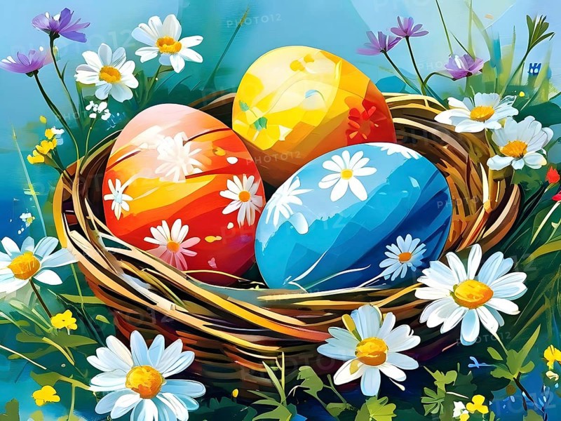 Illustration of of vibrant colored Easter eggs in a wicker basket, surrounded by delicate spring flowers, AI generated