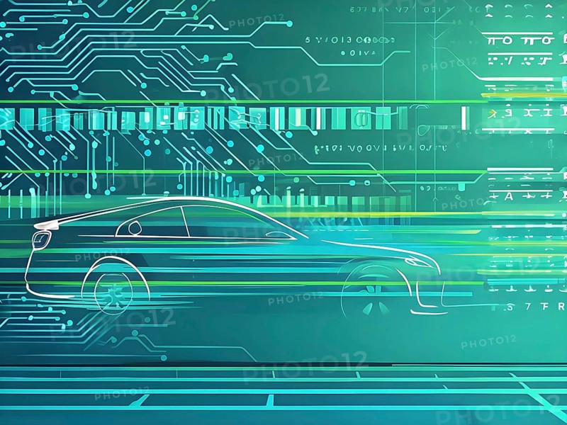 Sport car silhouette with vibrant green dynamic lines showing motion, surrounded by data streams, AI generated