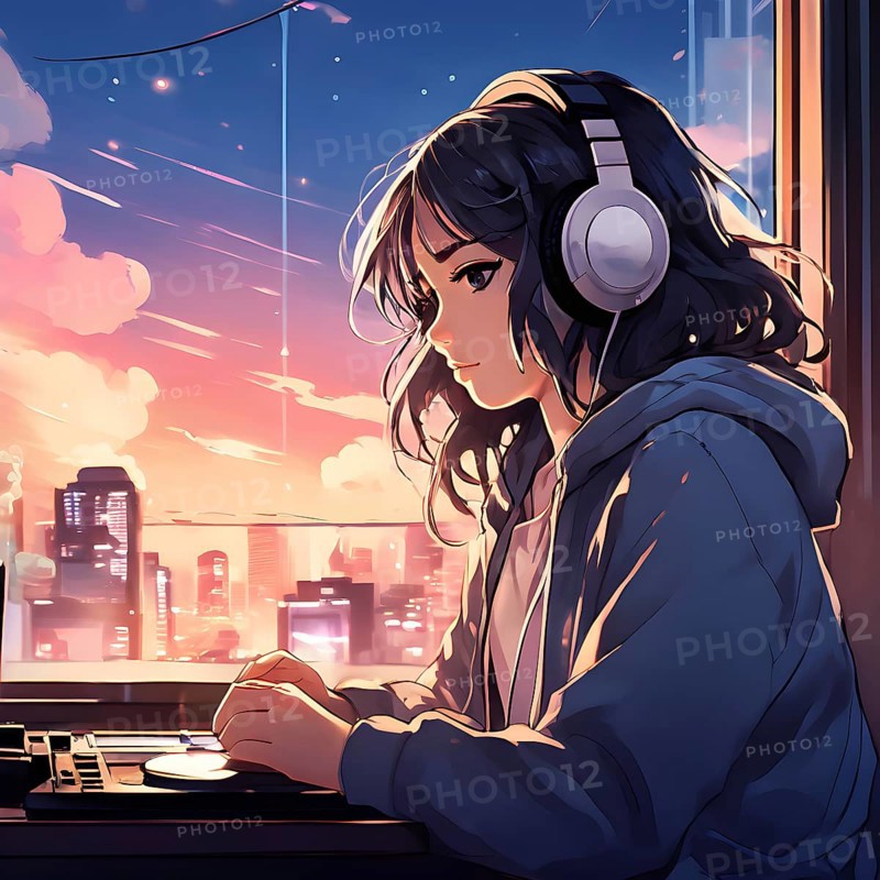 Anime style portrait of a girl with large headphones engulfing her ears, AI generated